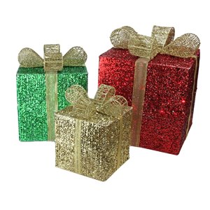 Northlight Lighted Glittering Gift Box Christmas Outdoor Decor - 15-in - Set of 3