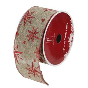 Northlight Star Wired Christmas Craft Ribbon - 2.5-in x 10 Yards - Red and Beige