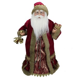 Northlight Red Santa Claus Holding a Gift Tree Topper - 18-in - Gold and Burgundy