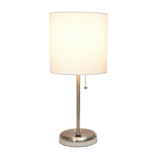 LimeLights Stick Lamp with USB charging port and Fabric Shade - Brushed Steel and White - 19.5-in