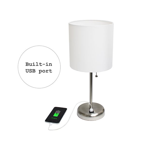 LimeLights Stick Lamp with USB charging port and Fabric Shade - Brushed Steel and White - 19.5-in