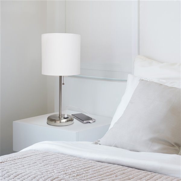 LimeLights Stick Lamp with USB charging port and Fabric Shade - Brushed Steel and White - 19.5-in