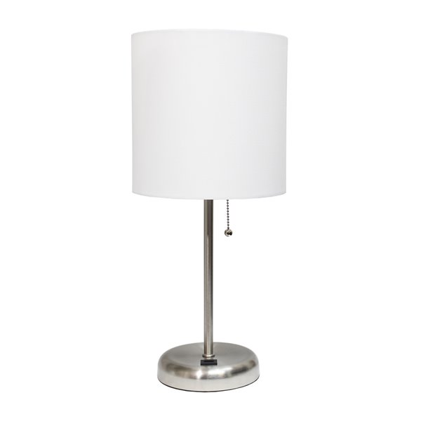 LimeLights Stick Lamp with USB charging port and Fabric Shade - Brushed Steel and White - 19.5-in