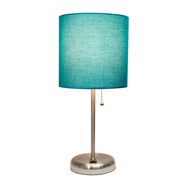 LimeLights Stick Lamp with USB charging port and Fabric Shade - Brushed Steel and Teal - 19.5-in