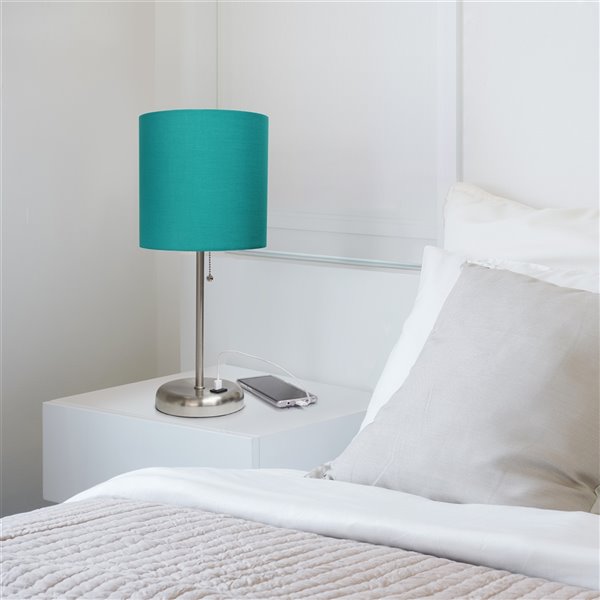 LimeLights Stick Lamp with USB charging port and Fabric Shade - Brushed Steel and Teal - 19.5-in