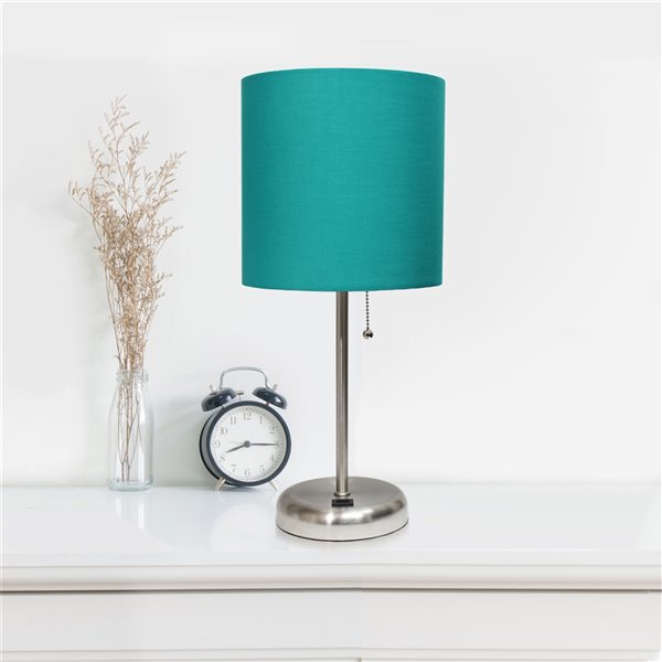 LimeLights Stick Lamp with USB charging port and Fabric Shade - Brushed Steel and Teal - 19.5-in