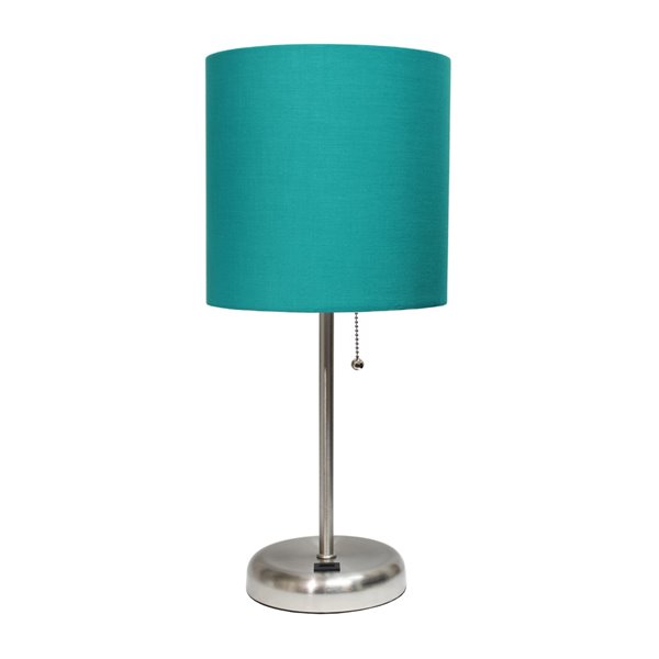 LimeLights Stick Lamp with USB charging port and Fabric Shade - Brushed Steel and Teal - 19.5-in