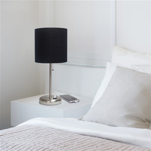 LimeLights Stick Lamp with USB charging port and Fabric Shade - Brushed Steel and Black - 19.5-in