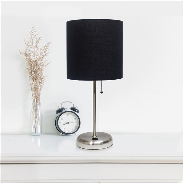 LimeLights Stick Lamp with USB charging port and Fabric Shade - Brushed Steel and Black - 19.5-in