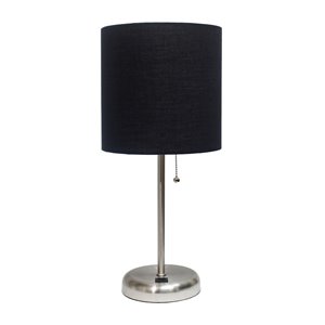 LimeLights Stick Lamp with USB charging port and Fabric Shade - Brushed Steel and Black - 19.5-in