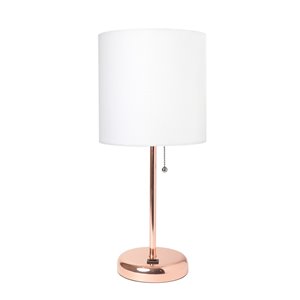 LimeLights Rose Gold Stick Lamp with USB charging port and Fabric Shade - Pink Gold and White - 19,5-in