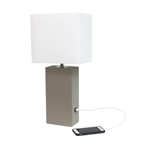 Lampe de table moderne Elegant Designs en cuir avec USB et abat-jour en tissu blanc, gris, 21 po