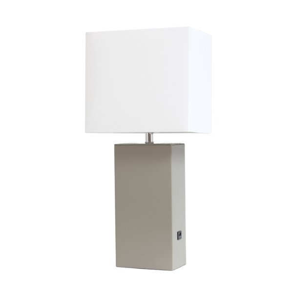 Lampe de table moderne Elegant Designs en cuir avec USB et abat-jour en tissu blanc, gris, 21 po