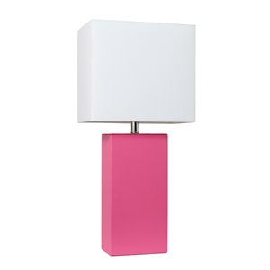 Lampe de table moderne de Elegant Designs en cuir avec abat-jour en tissu blanc, rose vif, 21 po