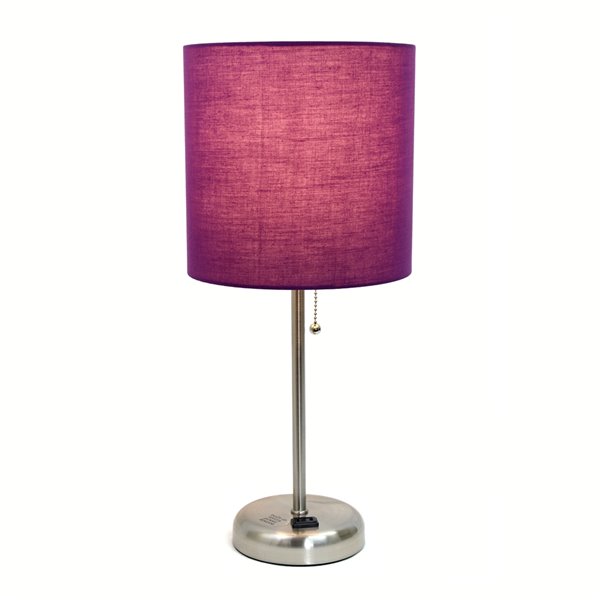 Lampe de table LimeLights avec sortie de charge et abat-jour en tissu, acier brossé et violet, 19,5 po