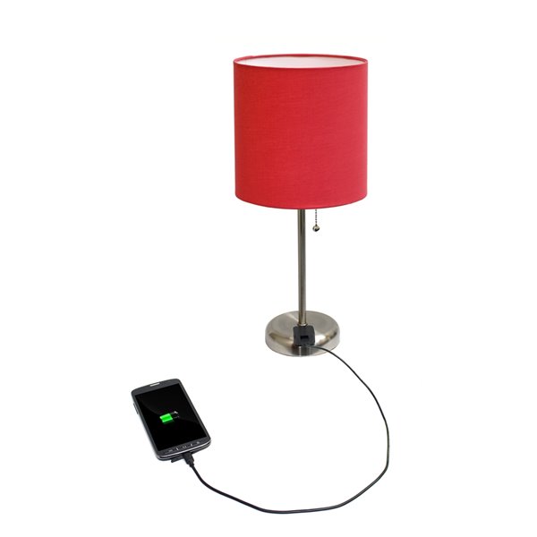 Lampe de table LimeLights sortie de charge et abat-jour en tissu, acier brossé et rouge, 19,5 po