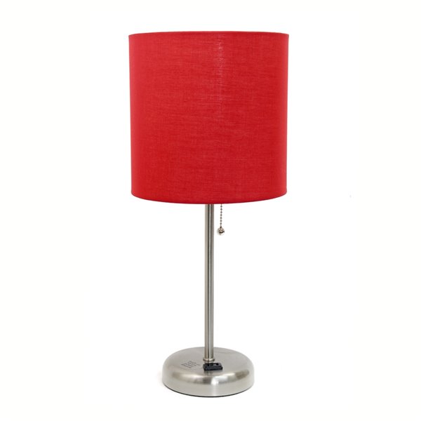 Lampe de table LimeLights sortie de charge et abat-jour en tissu, acier brossé et rouge, 19,5 po