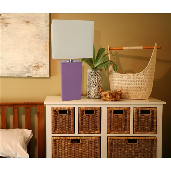 Elegant Designs Modern Leather Table Lamp with Fabric Shade - Purple and White - 21-in