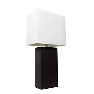 Lampe de table moderne de Elegant Designs en cuir avec abat-jour en tissu blanc, noir, 21 po