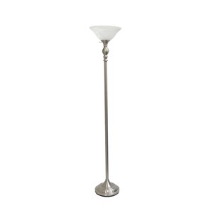 Lampe torchère Elegant Designs, abat-jour en verre blanc marbré et nickel brossé, 71 po