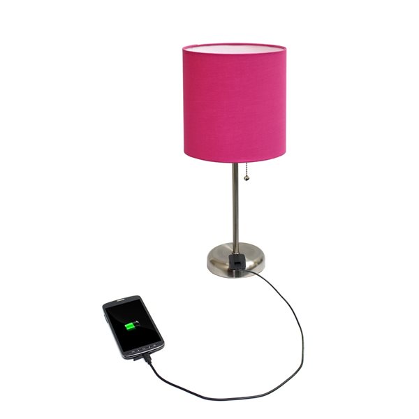 LimeLights Stick Lamp with Charging Outlet and Fabric Shade - Brushed Steel and Pink - 19.5-in