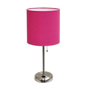 LimeLights Stick Lamp with Charging Outlet and Fabric Shade - Brushed Steel and Pink - 19.5-in