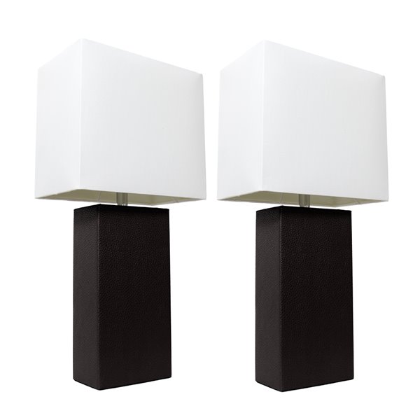 Elegant Designs Modern Leather Table Lamps with White Fabric Shades and Black - Set of 2