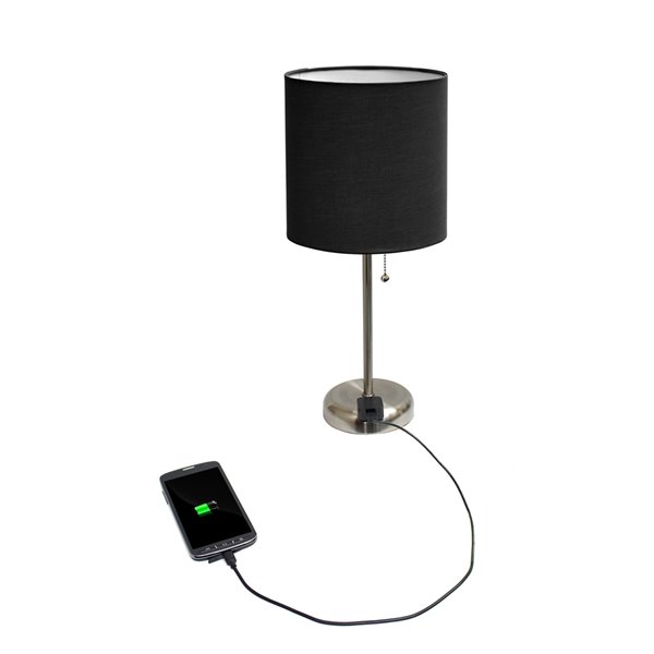 Lampe de table LimeLights  avec sortie de charge et abat-jour en tissu, acier brossé et noir, 19,5 po