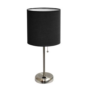 LimeLights Stick Lamp with Charging Outlet and Fabric Shade - Brushed Steel and Black - 19.5-in