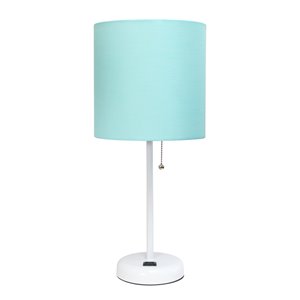 LimeLights White Stick Lamp with Charging Outlet and Fabric Shade - White and Aqua - 19.5-in