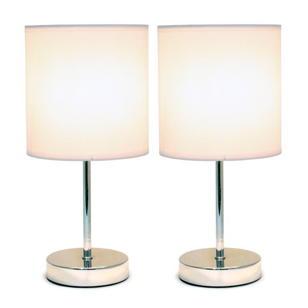 Simple Designs Chrome Mini Basic Table Lamp with Fabric Shade - White and Chrome - Set of 2