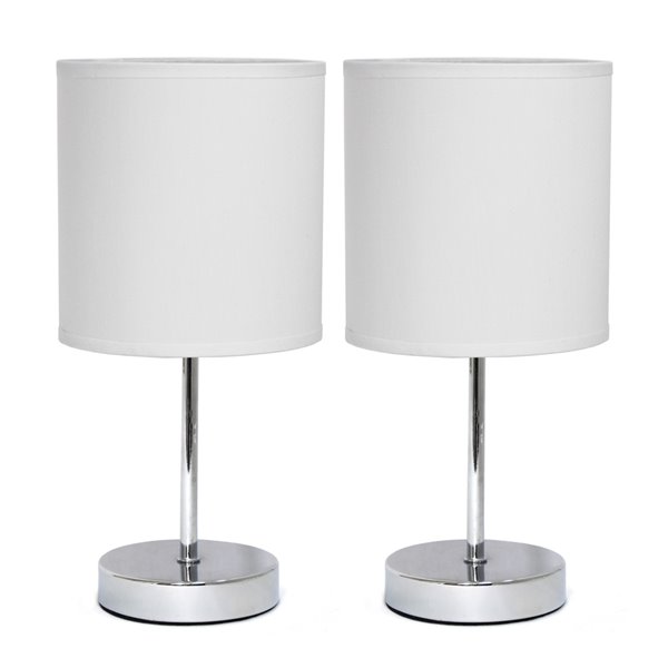 Simple Designs Chrome Mini Basic Table Lamp with Fabric Shade - White and Chrome - Set of 2