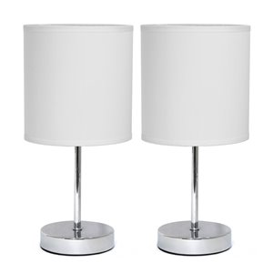 Simple Designs Chrome Mini Basic Table Lamp with Fabric Shade - White and Chrome - Set of 2