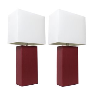 Elegant Designs Modern Leather Table Lamps with White Fabric Shades and Red - Set of 2