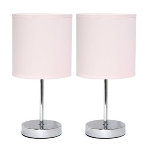 Simple Designs Chrome Mini Basic Table Lamp with Fabric Shade - Pink and Chrome - Set of 2