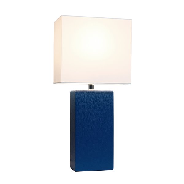 Lampe de table moderne de Elegant Designs en cuir avec abat-jour en tissu blanc, bleu, 21 po