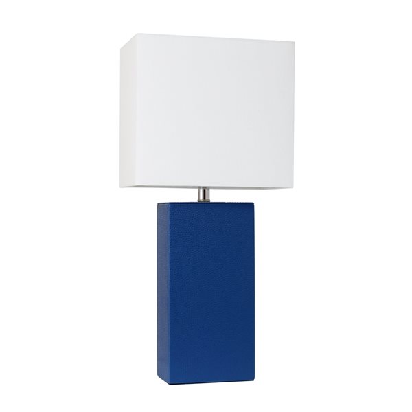 Lampe de table moderne de Elegant Designs en cuir avec abat-jour en tissu blanc, bleu, 21 po