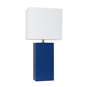 Lampe de table moderne de Elegant Designs en cuir avec abat-jour en tissu blanc, bleu, 21 po