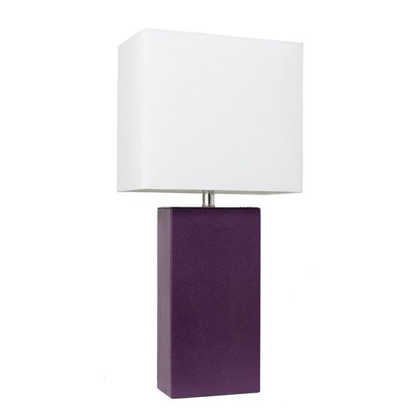 Lampe de table moderne de Elegant Designs en cuir avec abat-jour en tissu blanc, aubergine, 21 po