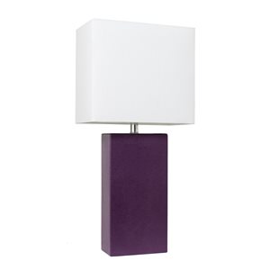 Lampe de table moderne de Elegant Designs en cuir avec abat-jour en tissu blanc, aubergine, 21 po