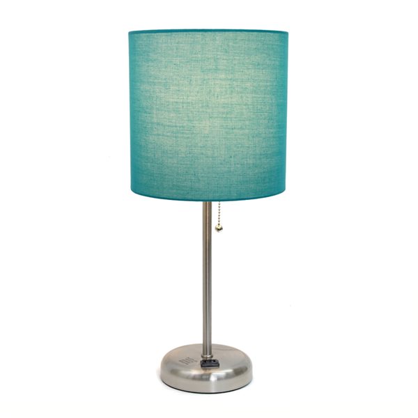 LimeLights Stick Lamp with Charging Outlet and Fabric Shade - Brushed Steel and Teal - 19.5-in