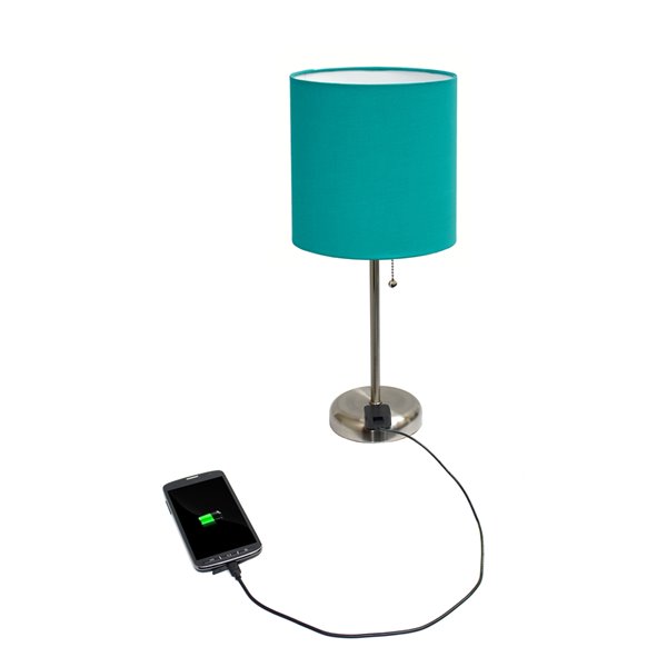 LimeLights Stick Lamp with Charging Outlet and Fabric Shade - Brushed Steel and Teal - 19.5-in