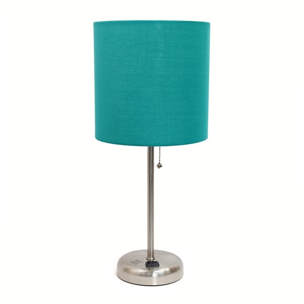 LimeLights Stick Lamp with Charging Outlet and Fabric Shade - Brushed Steel and Teal - 19.5-in