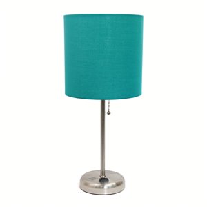 LimeLights Stick Lamp with Charging Outlet and Fabric Shade - Brushed Steel and Teal - 19.5-in