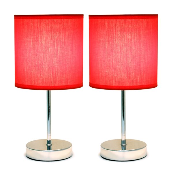 Simple Designs Chrome Mini Basic Table Lamp with Fabric Shade - Red and Chrome - Set of 2