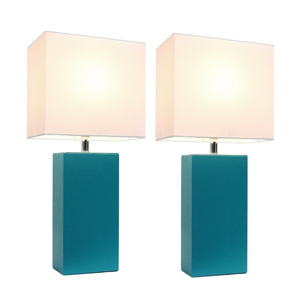 Elegant Designs Modern Leather Table Lamps with White Fabric Shades and Teal - Set of 2