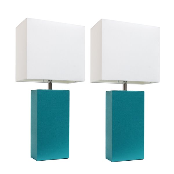 Elegant Designs Modern Leather Table Lamps with White Fabric Shades and Teal - Set of 2