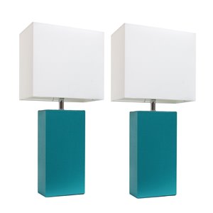 Elegant Designs Modern Leather Table Lamps with White Fabric Shades and Teal - Set of 2