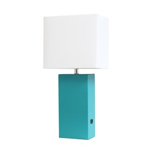 Lampe de table moderne Elegant Designs en cuir avec USB et abat-jour en tissu blanc, sarcelle, 21 po