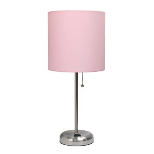 LimeLights Stick Lamp with Charging Outlet and Fabric Shade - - Brushed Steel and Light Pink - 19.5-in